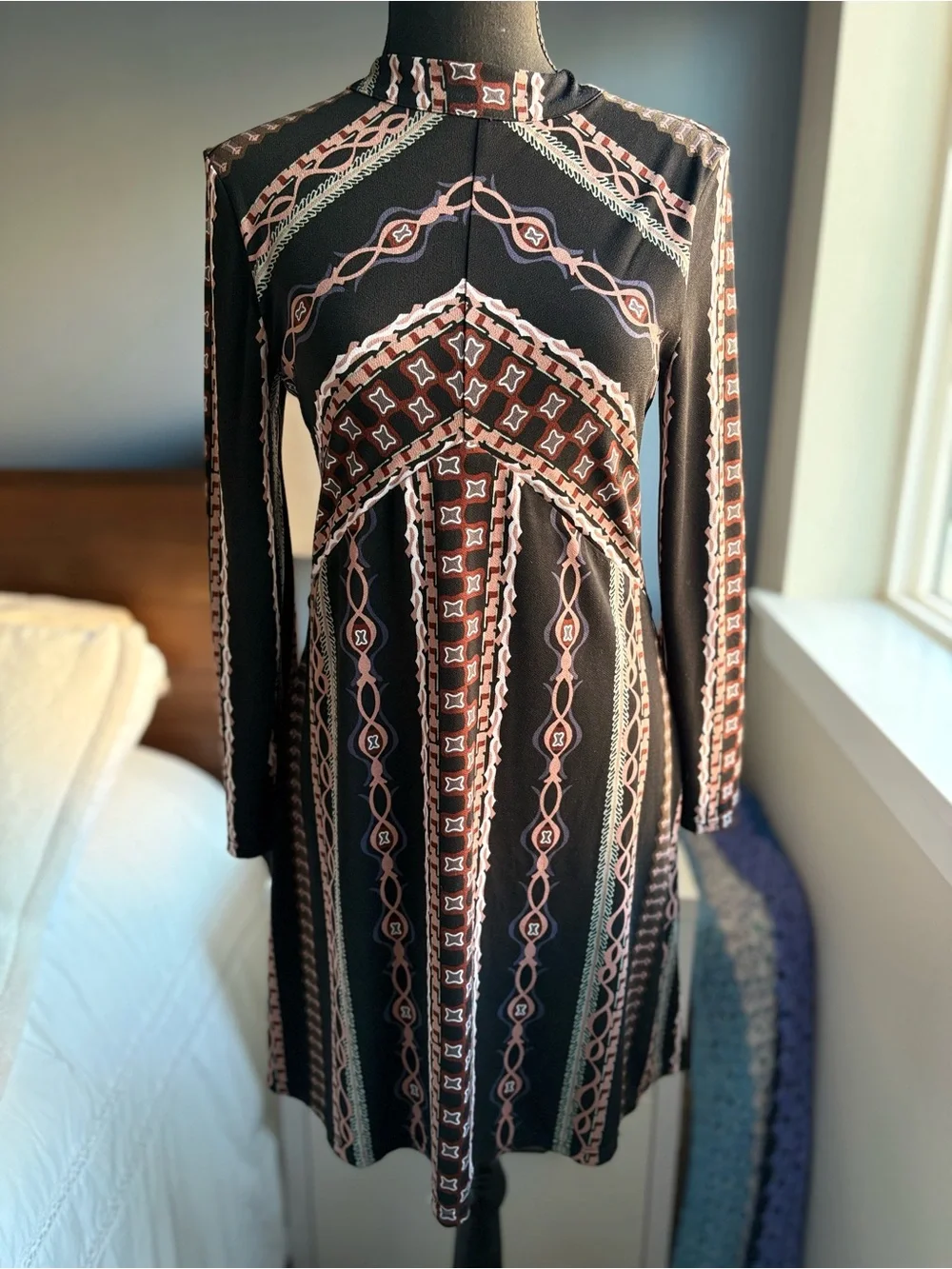 Free People Stella Print Mini Dress High Neck Bracelet Sleeves Sz S